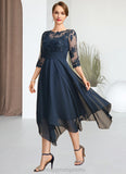 Lena A-line Scoop Illusion Tea-Length Chiffon Lace Mother of the Bride Dress With Sequins STIP0021704