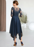 Lena A-line Scoop Illusion Tea-Length Chiffon Lace Mother of the Bride Dress With Sequins STIP0021704