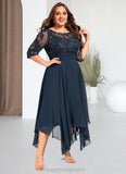 Lena A-line Scoop Illusion Tea-Length Chiffon Lace Mother of the Bride Dress With Sequins STIP0021704