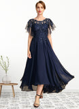 Lyric A-line Scoop Illusion Asymmetrical Chiffon Lace Mother of the Bride Dress With Sequins STIP0021712