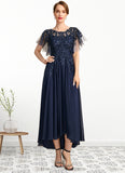 Lyric A-line Scoop Illusion Asymmetrical Chiffon Lace Mother of the Bride Dress With Sequins STIP0021712