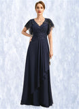 Faith A-line V-Neck Floor-Length Chiffon Lace Mother of the Bride Dress With Cascading Ruffles Sequins STIP0021738