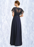 Faith A-line V-Neck Floor-Length Chiffon Lace Mother of the Bride Dress With Cascading Ruffles Sequins STIP0021738