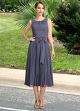 Ruby A-line Scoop Tea-Length Chiffon Mother of the Bride Dress With Bow Pleated STIP0021763