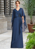 Renee A-line V-Neck Floor-Length Chiffon Mother of the Bride Dress With Beading Cascading Ruffles STIP0021766