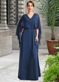 Renee A-line V-Neck Floor-Length Chiffon Mother of the Bride Dress With Beading Cascading Ruffles STIP0021766