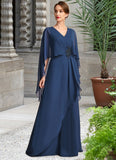 Renee A-line V-Neck Floor-Length Chiffon Mother of the Bride Dress With Beading Cascading Ruffles STIP0021766