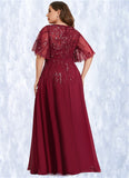 Amara A-line V-Neck Floor-Length Chiffon Lace Mother of the Bride Dress With Sequins STIP0021767