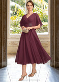 Madeleine A-line V-Neck Tea-Length Chiffon Mother of the Bride Dress With Beading Pleated STIP0021774