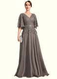 Naomi A-line V-Neck Floor-Length Chiffon Lace Mother of the Bride Dress With Rhinestone Crystal Brooch STIP0021782