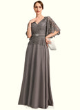 Naomi A-line V-Neck Floor-Length Chiffon Lace Mother of the Bride Dress With Rhinestone Crystal Brooch STIP0021782