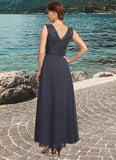 Rowan A-line V-Neck Ankle-Length Chiffon Lace Sequin Mother of the Bride Dress STIP0021798