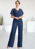 Judy Jumpsuit/Pantsuit Separates V-Neck Floor-Length Chiffon Mother of the Bride Dress With Beading Pleated Sequins STIP0021800