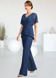 Judy Jumpsuit/Pantsuit Separates V-Neck Floor-Length Chiffon Mother of the Bride Dress With Beading Pleated Sequins STIP0021800