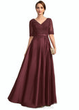 Madeline A-line V-Neck Floor-Length Lace Satin Mother of the Bride Dress With Sequins STIP0021803