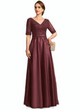 Madeline A-line V-Neck Floor-Length Lace Satin Mother of the Bride Dress With Sequins STIP0021803