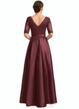 Madeline A-line V-Neck Floor-Length Lace Satin Mother of the Bride Dress With Sequins STIP0021803