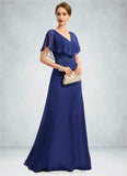 Evie A-line V-Neck Floor-Length Chiffon Mother of the Bride Dress With Beading Appliques Lace Sequins STIP0021829