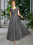 Ruby A-line V-Neck Illusion Ankle-Length Chiffon Lace Mother of the Bride Dress With Sequins STIP0021830