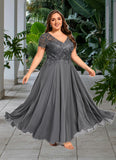 Ruby A-line V-Neck Illusion Ankle-Length Chiffon Lace Mother of the Bride Dress With Sequins STIP0021830