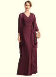 Irene Sheath/Column V-Neck Floor-Length Chiffon Mother of the Bride Dress With Beading Cascading Ruffles STIP0021835