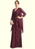 Irene Sheath/Column V-Neck Floor-Length Chiffon Mother of the Bride Dress With Beading Cascading Ruffles STIP0021835