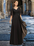 Harper A-line V-Neck Floor-Length Chiffon Mother of the Bride Dress With Beading Cascading Ruffles Sequins STIP0021836