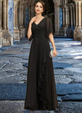 Harper A-line V-Neck Floor-Length Chiffon Mother of the Bride Dress With Beading Cascading Ruffles Sequins STIP0021836