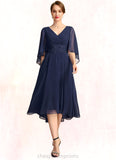 Gracie A-line V-Neck Asymmetrical Chiffon Mother of the Bride Dress With Pleated Appliques Lace STIP0021845