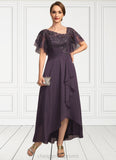 Precious A-line Asymmetrical Asymmetrical Chiffon Lace Mother of the Bride Dress With Cascading Ruffles Sequins STIP0021846