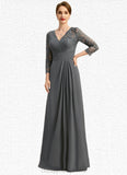 Victoria A-line V-Neck Floor-Length Chiffon Lace Mother of the Bride Dress With Pleated STIP0021850