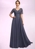 Gracie A-line V-Neck Illusion Floor-Length Chiffon Lace Mother of the Bride Dress With Sequins STIP0021867