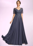 Gracie A-line V-Neck Illusion Floor-Length Chiffon Lace Mother of the Bride Dress With Sequins STIP0021867