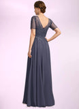 Gracie A-line V-Neck Illusion Floor-Length Chiffon Lace Mother of the Bride Dress With Sequins STIP0021867