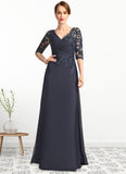 Janice A-line V-Neck Floor-Length Chiffon Lace Mother of the Bride Dress With Pleated Sequins STIP0021880