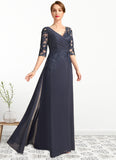 Janice A-line V-Neck Floor-Length Chiffon Lace Mother of the Bride Dress With Pleated Sequins STIP0021880