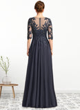 Janice A-line V-Neck Floor-Length Chiffon Lace Mother of the Bride Dress With Pleated Sequins STIP0021880