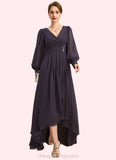 Anahi A-line V-Neck Asymmetrical Chiffon Mother of the Bride Dress With Beading Cascading Ruffles Sequins STIP0021893