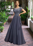 Scarlett A-line Scoop Illusion Floor-Length Chiffon Lace Mother of the Bride Dress With Cascading Ruffles Sequins STIP0021897