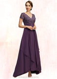 Kenya A-line V-Neck Asymmetrical Chiffon Lace Mother of the Bride Dress With Cascading Ruffles STIP0021899