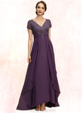 Kenya A-line V-Neck Asymmetrical Chiffon Lace Mother of the Bride Dress With Cascading Ruffles STIP0021899