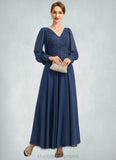 Lia A-line V-Neck Ankle-Length Chiffon Lace Mother of the Bride Dress With Pleated STIP0021908