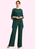 Olive Jumpsuit/Pantsuit Separates Scoop Floor-Length Chiffon Mother of the Bride Dress With Beading Sequins STIP0021913