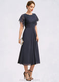 Valeria A-line Scoop Tea-Length Chiffon Lace Mother of the Bride Dress With Pleated STIP0021928