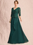 Abbigail A-line V-Neck Floor-Length Chiffon Lace Mother of the Bride Dress With Cascading Ruffles Sequins STIP0021934