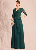 Abbigail A-line V-Neck Floor-Length Chiffon Lace Mother of the Bride Dress With Cascading Ruffles Sequins STIP0021934