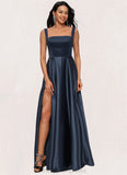 Pearl A-line Straight Floor-Length Satin Prom Dresses With Bow STIP0022195