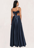 Pearl A-line Straight Floor-Length Satin Prom Dresses With Bow STIP0022195