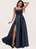 Pearl A-line Straight Floor-Length Satin Prom Dresses With Bow STIP0022195