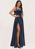 Pearl A-line Straight Floor-Length Satin Prom Dresses With Bow STIP0022195